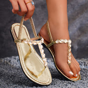 Elegant Golden Beaded Women's Flat Sandals - Handcrafted Clip Toe with Rhinestone Accents, Faux Cover Straps, Summer Roman Style Slides, Large Size 43, Ladies Sandals