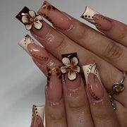 24pcs Press On Nails Set, Full Cover Medium Length, Leopard Print & Colorblock Design, Glossy Finish, with 3D Floral Accents, Includes Nail File and Jelly Glue