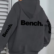 Women's Casual Hooded Jacket with Bold "Bench" Letter Print, Kangaroo Pocket & Zipper Collar - Machine-Washable Polyester, All-Season Versatile Outerwear, Perfect Gift for Her, Lightweight Layering, Urban Fashion, Quality Sti