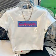 Women's Y2K Style Cropped T-Shirt with Bold CALVIN Monogram Print - Vibrant Red & Blue Lettering, Soft Comfortable Fabric, Machine Washable, Versatile Casual & Dressy Outfits