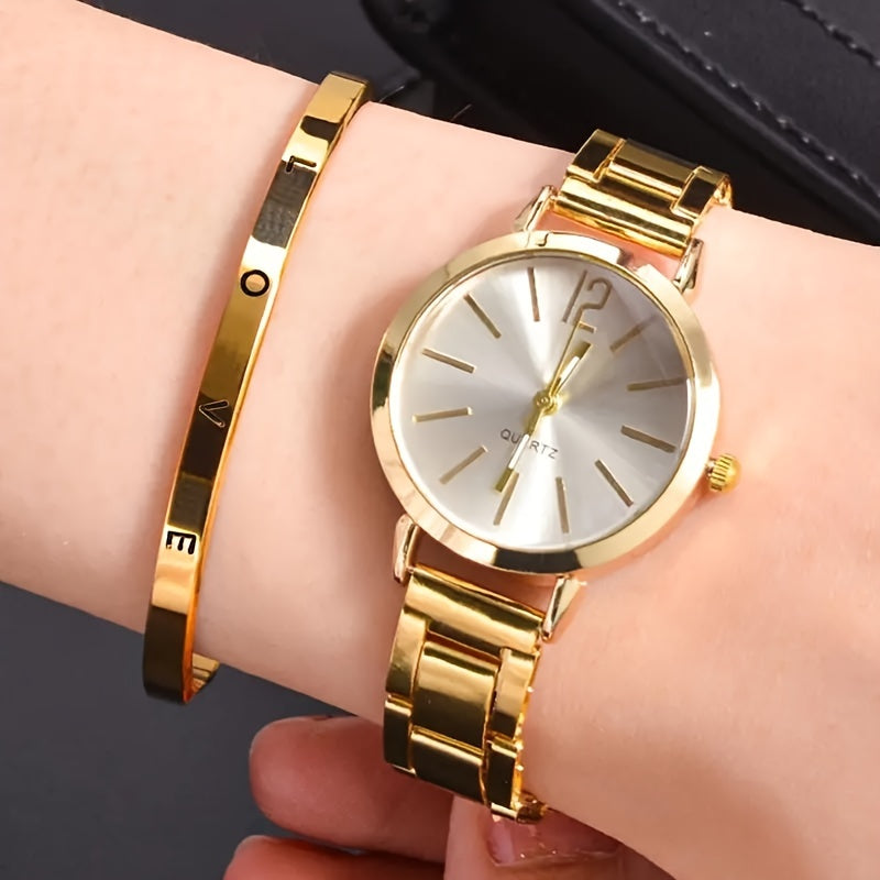 2pcs Set Ladies' Fashion Simple Alloy Quartz Watch With - Stylish Timepiece For Women - Perfect Accessory For Daily Wear
