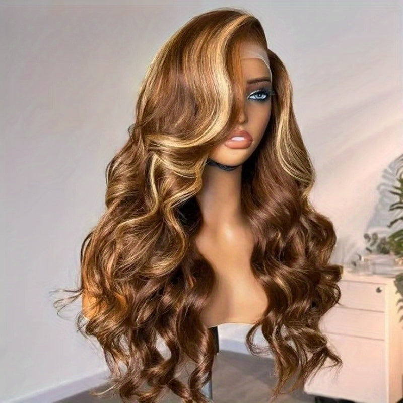 13x4 HD Transparent Lace Front Wig Brazilian Human Hair 4/27 Highlights Body Wave Curls 200% Density Glueless Wig for Women - Suitable for All Ethnicities & Light Beige Tones, Versatile Hairpiece | Elegant Hairpiece | Full Lu
