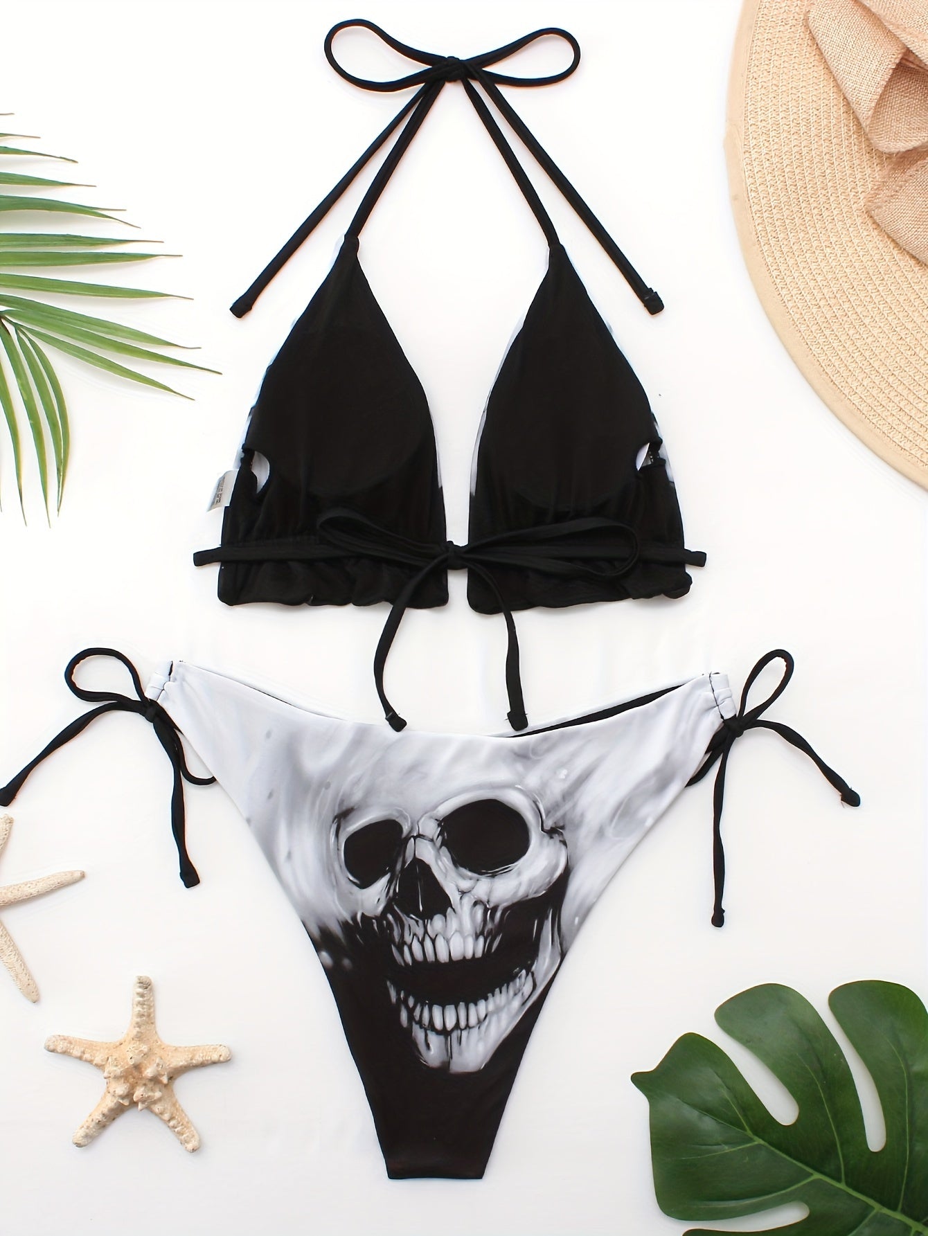 Halloween Gothic Skull Halter Bikini - Knit Fabric, High-Stretch, Non-Sheer Swimwear Set