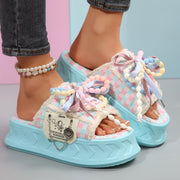 Women's Stylish Light Blue Platform Sandals with & Bow Accents - Thick Sole, Open Toe, Fabric Upper, Summer Fashion Shoes for Casual or Outdoor Wear, Versatile Slippers | Trendy Platform Sandals | Fabric Upper Sandals, Ladies