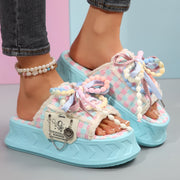 Women's Stylish Light Blue Platform Sandals with & Bow Accents - Thick Sole, Open Toe, Fabric Upper, Summer Fashion Shoes for Casual or Outdoor Wear, Versatile Slippers | Trendy Platform Sandals | Fabric Upper Sandals, Ladies