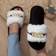 Women's Slip-On Indoor House Slippers with Faux Rabbit Fur & Golden Chain Accents - Non-Slip EVA Sole, All-Season Comfort, Black/White Two-Tone Design for Home Floor Protection, Slippers Indoor