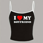 Y2K-Inspired "I Love My Boyfriend" Tank Top - White with Black Straps, Heart Graphic, Casual All-Season Top for Women, Casual Wear|Playful Graphic Top|Comfortable Strap Design, Y2K Tank Tops