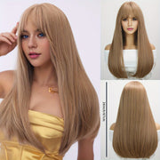 Long Natural Straight Dark Brown Wig, Blunt Bangs, Synthetic Fibers, Perfect For Daily Wear, Rose Net, 24 Inch