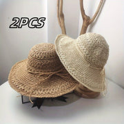 2pcs Handmade Linen Sun Hats for Women, Summer Beach Straw Hat with Wide Brim, Artistic Fresh Outdoor Foldable Sun Protection Cap, All-Season Inelastic Weave, Hand Wash Only, Beach Sun Protection | Natural Style Hat | Texture