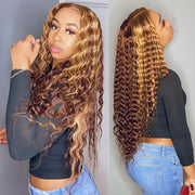 Honey Blonde Deep Wave Lace Front Wigs Human Hair 13x4 Highlight Ombre Curly Lace Front Wig Human Hair 250% Density HD Transparent Glueless Lace Frontal Wigs Pre Plucked With Baby Hair