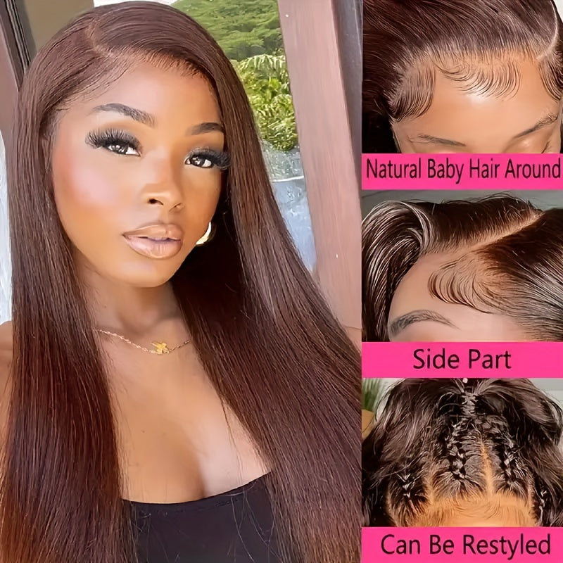 250% Density Silk Straight Wigs 100% Brazilian Human Hair 13*6 HD Transparent Lace Deep Parting Pre Plucked Natural Hairline Chocolate Brown Straight Human Hair #4 Color Wig Suitable For All Women