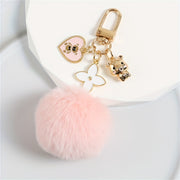 Fashion Heart and Teddy Bear Charm Keychain with Faux Fur Pom Pom, Creative Cute Wall-Mounted Key Hooks, Metallic Unfinished Style with Special Decorative Features