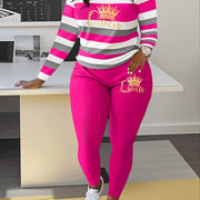 Women's Striped Crown Print Casual Tracksuit Set - Polyester & Elastane Knit Crew Neck Long Sleeve Top with Pants, No Belt - Fall/Winter Cozy Loungewear Suit (1 Top + 1 Pants)
