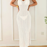 MOXDO Women's Halter Neck Deep V-Neck Beach Cover-Up Dress - Sexy Semi-Sheer Wrap with Cut-Out Details, Stretchy Machine-Washable Long Dress for Poolside & Tropical Vacations, Beach Dress, Vacation Coverup, Elegant Beachwear,
