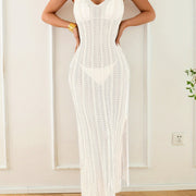 MOXDO Women's Halter Neck Deep V-Neck Beach Cover-Up Dress - Sexy Semi-Sheer Wrap with Cut-Out Details, Stretchy Machine-Washable Long Dress for Poolside & Tropical Vacations, Beach Dress, Vacation Coverup, Elegant Beachwear,