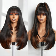 26" Long Straight Layered Wig with Bangs - Natural Black Synthetic Hair, Glueless Put-On Style, High-Temperature Fiber, Pixie Cut for Women, Perfect for Casual Attire