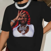 Women's Hip-Hop Street Style Portrait Print T-Shirt - Casual Black Crew Neck, Short Sleeve Top with Red & Green Hair Character Graphic, Polyester, Machine Washable for Spring & Summer, Spring Fashion|Edgy Graphic Shirt|Glossy