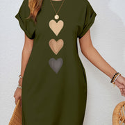 Everyday Women's Casual Heart Print Batwing Sleeve Dress with Hidden Pockets - Beige Color, Polyester Fabric, Round Neck, Machine Washable, Spring/Summer/Fall Style, Cozy Long Sleeve Knitted Dress