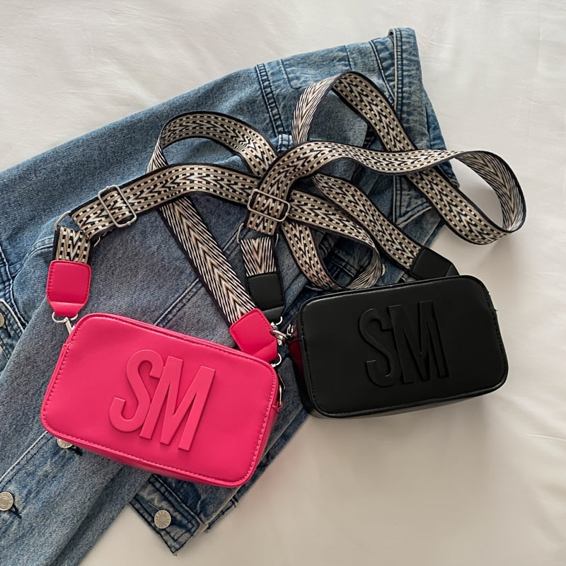Stylish Crossbody Bag with Wide Strap – Trendy Solid Color Shoulder Bag Featuring Bold "SM" Letter Design, Zip Closure, and Polyester Lining – Available in Coffee Brown, Light Brown, Magenta, White, Red, Green, Black, Sma