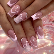 24pcs Valentine's Day Press-On Nails Set - Medium Square, Pink French Tip with 3D Rhinestone Hearts & White Gradient Design, Glossy Finish - Includes Jelly Adhesive & Nail File for Easy Application |bride nails |wedding
