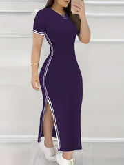 Women's Contrast Trim Split Hem Bodycon Dress - Elegant Crew Neck Short Sleeve Dress For Spring & Summer - For Women - Perfect for Parties & Casual Occasions - Stylish Gift for Fashionable Ladies