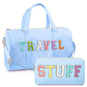 Shinylin 2pcs Preppy Chenille Letter Duffle Bag And Makeup Pouch, Travel Tote Bag Cosmetic Zipper Patch Makeup Bag (Blue)