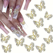 50pcs Elegant & Shiny 3D Butterfly Nail Charms, Golden Metallic Safe Formaldehyde-free Rhinestone Nail Art Decorations
