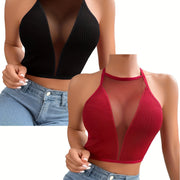 2pcs Elegant Mesh Halter Tank Tops for Women - Sleeveless, Backless with Cross-Neck Straps, Ribbed Texture, Versatile Wear as Casual or Layered, Machine Washable, Nylon & Elastane Blend, in Black & Pink