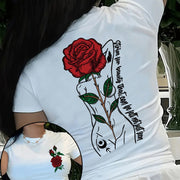 Vibrant Rose Print Short Sleeve Crew Neck T-Shirt - Soft, Breathable, Relaxed Fit, Casual Summer & Spring Top for Women - Perfect for Outdoor Activities, Daily Wear, and Gift Idea