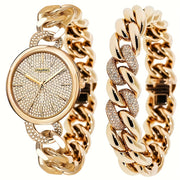 2pcs Elegant Women's Golden-Toned Quartz Watch with Sparkling Rhinestone Dial & Chunky Chain Bracelet Set - Perfect Fashion Gift for Her, Women's Fashion Accessory|Coordinated Outfit|Alloy Construction