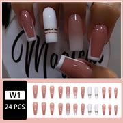 Show Your Beauty 24pcs of Medium Ballet Nails Simple and Elegant White Edge French Golden Stripes Bright White False Nails Fashionable Wearable Nails Suitable for Women and Girls Removable Press-on Nail Set with Jelly Glue an