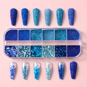 FULL BEAUTY Sparkly Blue Nail Glitter Set: 12 Grids of Shimmering Blue Sequins, Diamond Chrome, Fine Powder, Dust, Chunky Flakes, and Paillettes for DIY Manicure Decoration
