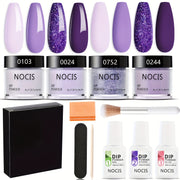 NOCIS Dip Powder Nail Kit Starter, 4 Colors Lilac Lavender Purple Glitter Nail Dipping Powder Essential Liquid Set with Base Top Coat Activator French Nail Art DIY At Home Manicure Salon All-in-One Beginner Kit