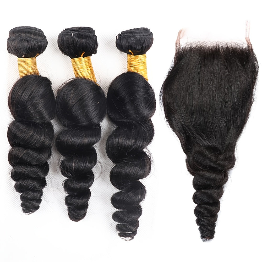 14A Loose Wave Bundles with Closure Human Hair 3 Bundles with 5x5 Lace Closure for Women Free Part 100% Unprocessed Virgin Peruvian Loose Deep Wave Human Hair Weave Bundles with Lace Closure Natural Color