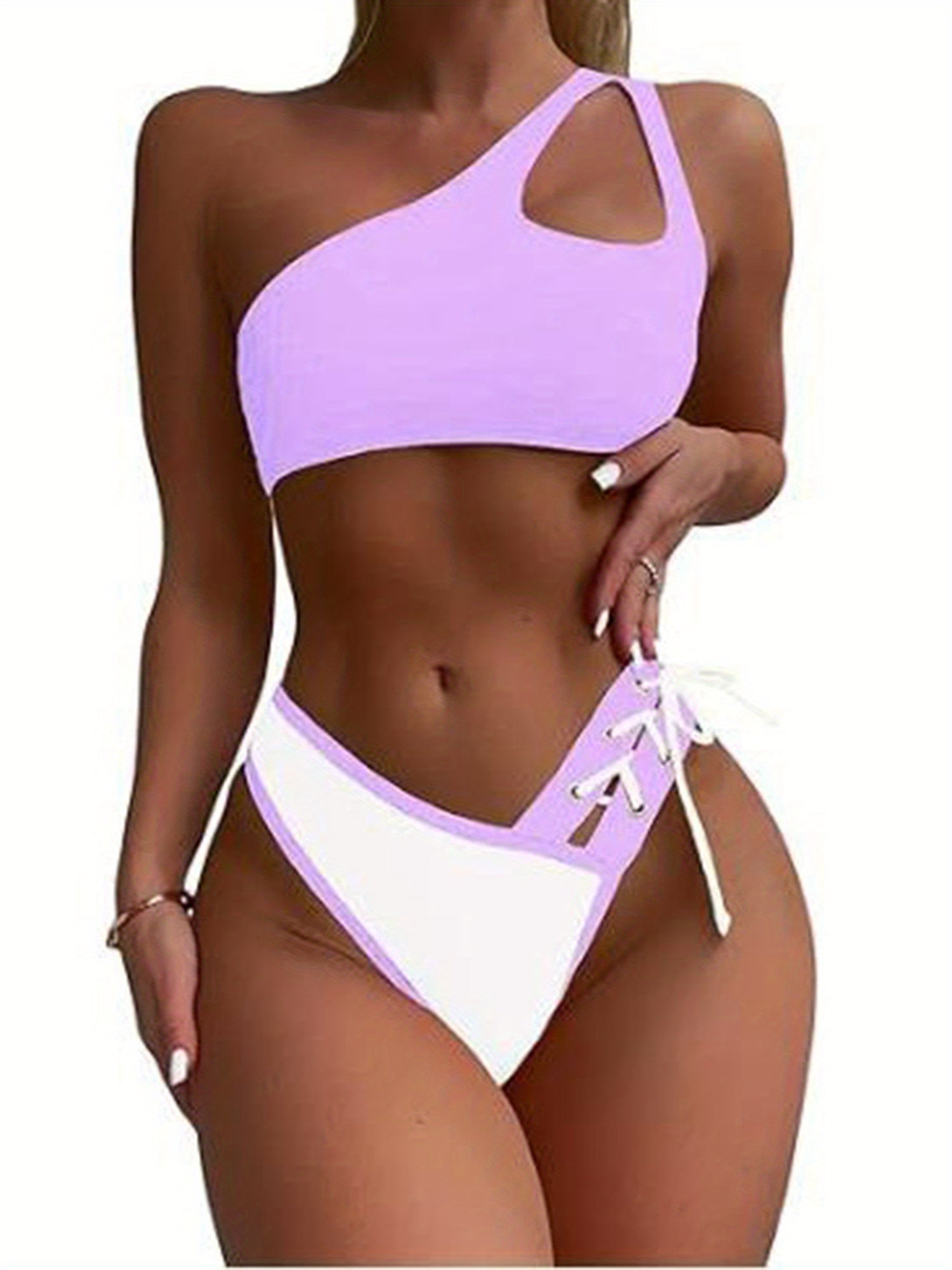 Women Tankini Swimsuits Cutout One Shoulder Bra and Contrast Color Tie up Briefs Sets for Summer Beachwear Bathing Suit