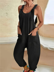 Solid Color Pockets Overall Jumpsuit, Casual Knot Front Loose Overall Jumpsuit For Spring & Summer, Women's Clothing