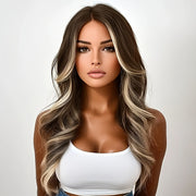 Synthetic Wigs for Women, Shoulder-length, with A Water Wave Style. It Has Brown Highlights. The Roots Of The Hair Are Brown, And The Middle Part Of The Hair Is In A Loose Curly Wave Shape. The Length Of The Wig Is 30 Inches,
