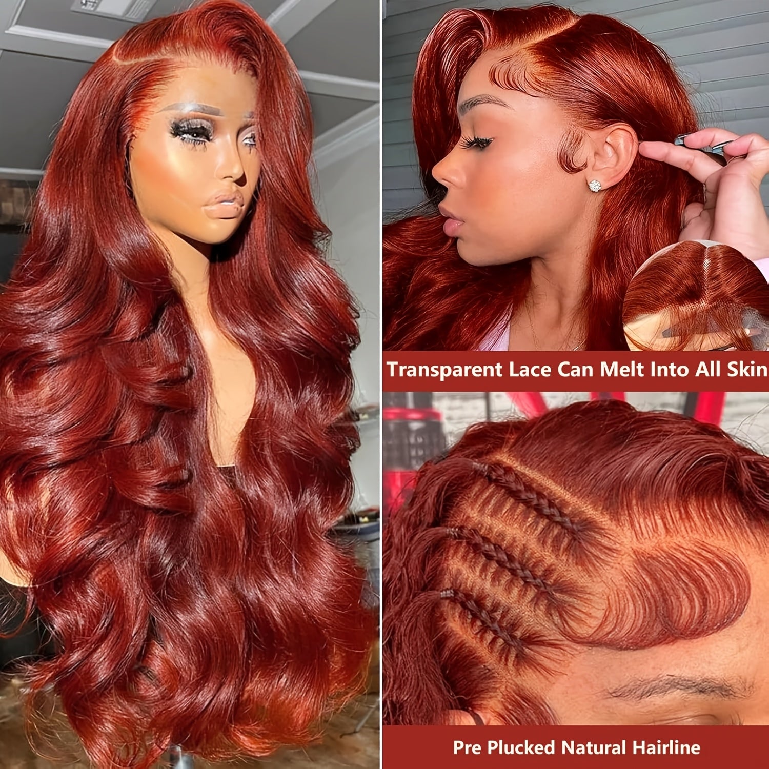 Auburn Reddish Brown Lace Front Wigs Human Hair 180% Density 13x4 HD Transparent Body Wave Lace Frontal Wigs With Copper Red Colored Human Hair Wig Pre Plucked