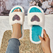 Women's Fuzzy Fabric Slippers with Rubber Sole - Winter All-Season Indoor Heart Pattern Slides with Non-Slip Grip, Comfort Plush Lining and Love Print Detail - For Women - Perfect for Cozy Indoor Wear - Ideal Gift for Her