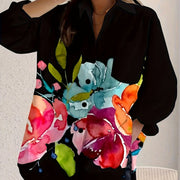 Plus Size Women's Floral Print Button-Up Casual Shirt, Vibrant Red & Pink Flowers on Navy Blue, Lightweight & Breathable for Spring & Summer, Hand Wash Only, Classic Collar Design, Spring Summer Top | Classic Collar Shirt | H