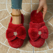 Elegant Wine Red Faux Rabbit Fur Slippers with Large Bowknot Design, Comfortable Non-Slip Indoor Slippers for Women, Soft Fabric Lining, TPR Sole - Perfect for Autumn and Winter, Indoor Slippers|Bowknot Design|Soft Fabric Sli
