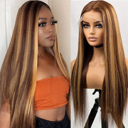 13x4 Honey Blonde Straight Lace Front Wigs Human Hair Highlight Ombre 200% Density Pre Plucked Pre Cut Transparent Frontal Human Hair Wigs For Women With Baby Hair 4/27