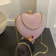 Ladies Fashion Shining Chain Crossbody Bag, Elegant Shoulder Heart Shaped, Metal Embellished, Black, with Buckle Closure, for Party, Wedding, Date