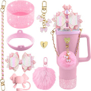 8pcs Bling Silicone Accessories for 30oz 40oz Tumbler Cup, Including Silicone Bow Straw Topper Cover, Protective Silicone Boot, Leather Water Bottles Handle Strap