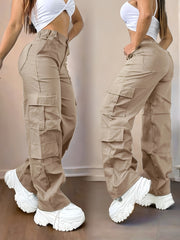 Women's Y2K Streetwear Cargo Pants - Loose Fit Multi-Pocket Workwear Style, Beige Casual Trousers with Multiple Pockets, Non-Stretch Fabric for All-Season Comfort, Everyday Trousers | Relaxed Fit Pants | Streetwear Aesthetic