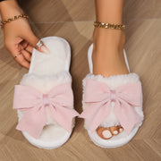 Kawaii Bowknot Plush Slippers, Open Toe Slip On Flat Fuzzy Shoes, Winter Warm Home Floor Slippers