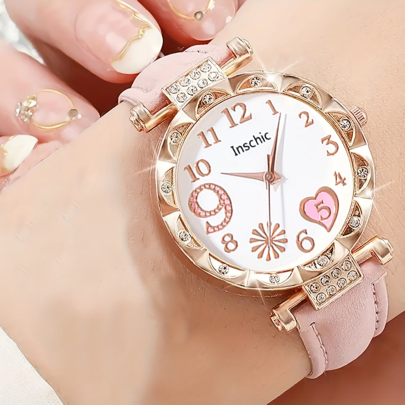 6pcs Elegant Faux Leather & Rose Golden Accessory Set - Heart-Shaped Watch, Bracelet, Necklace, Earrings with Pink Rhinestones - Perfect Mother'S Day Gift for Moms, Everyday Style, Everyday Accessory Set|Fashionable Gift Set|