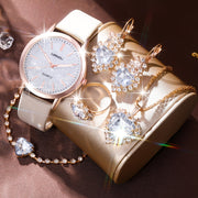 6pcs/Set SOKI Women'S Watch, Glamorous Round Digital Quartz Faux Leather Strap Alloy Case Heart Pendant Necklaces, Earrings, Rings, Bracelets Accessories with Non-rechargeable Button Battery (Diameter<20mm) for Women's, Mot