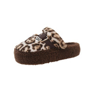 Women's Stylish Leopard Print Plush Slippers with Buckle Strap - Cozy Faux Fur-Lined Winter House Shoes, Soft Brown & Black Patterned Design, Thick Rubber Sole for Indoor Comfort, Seasonal Wear | Fashionable Footwear | Rubber