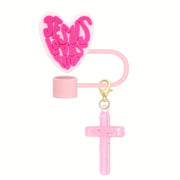 Shiny Pink Words Design Portable Straw Lid with Charm - Cup Tumbler Accessories - Beverage Cup Topper with Clip-On Bling Butterfly Ornament, 1.8in Diameter, Cute and Functional Sports Water Bottle